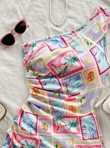 Soleia 女士彩色花卉拼布单肩褶皱迷你连衣裙，假日风格