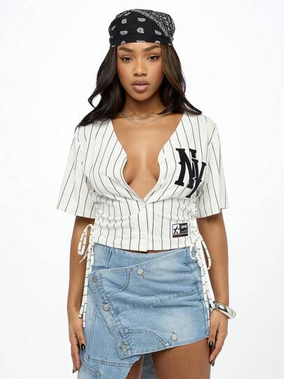 SUMWON WOMEN Striped Baseball Jersey Corset Top With Side Lace-Up Detail, Varsity Style Ny Logo, Streetwear Urban Fashion Baseball Inspired Crop Top