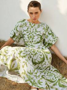 Aveloria Modichic Elegant Vacationing Style Round Neck White Base Green Bamboo Node Cable Floral Print Flared Long Dress With Waist Design For Women