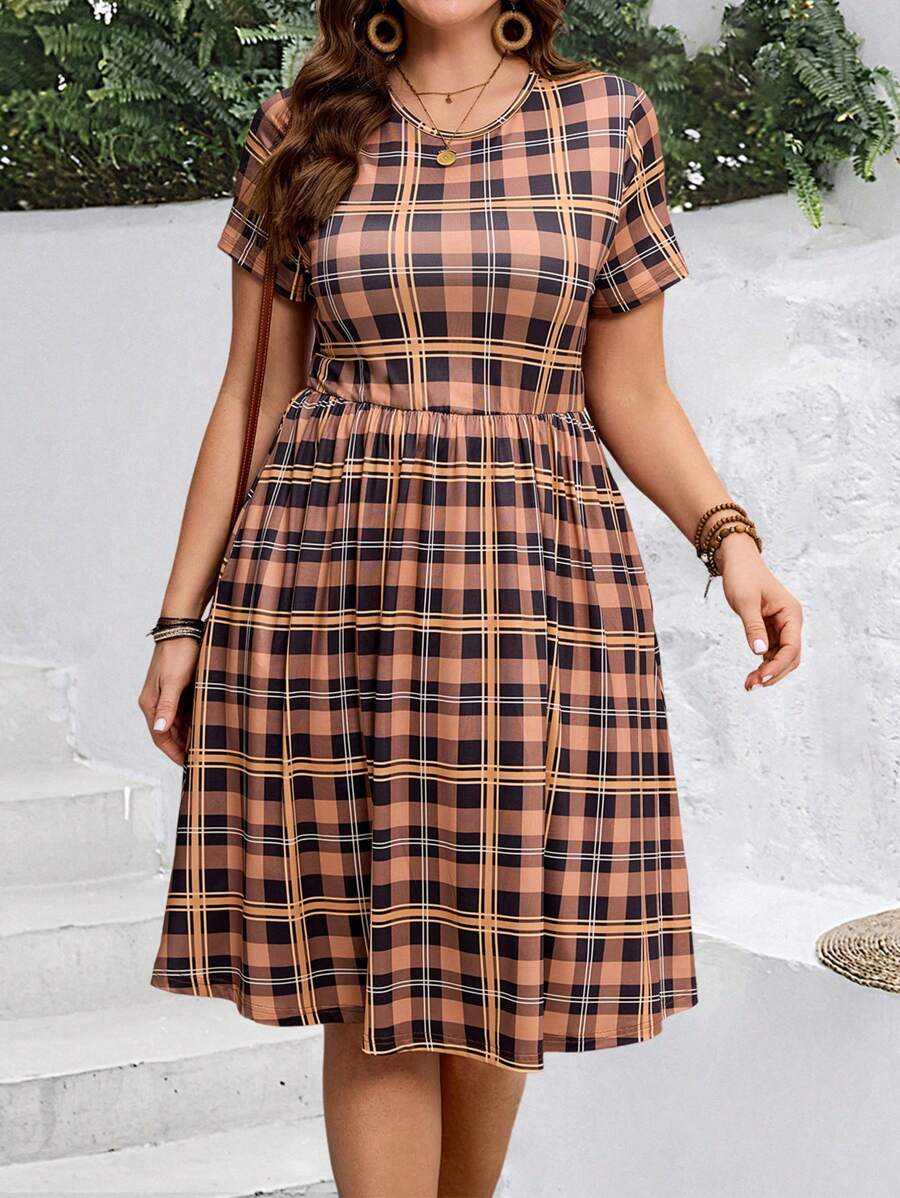 EMERY ROSE 大码简约休闲日常连衣裙，女士波西米亚风/夏季，女士度假装 - 棕色 - 查看 1