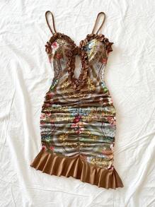 Soleia 性感镂空复古宫廷花卉露背荷叶边修身迷你连衣裙，V 领，非常适合度假、约会、情人节、下午茶 - 彩色 - 查看 3