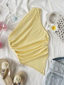 Soleia Vacation Asymmetric Frill Hem Sleeveless Light Yellow Blouse For Women
