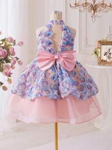 SHEIN Tween Girls' Embroidered Organza Splice Backless Bow Collar Elegant Dress