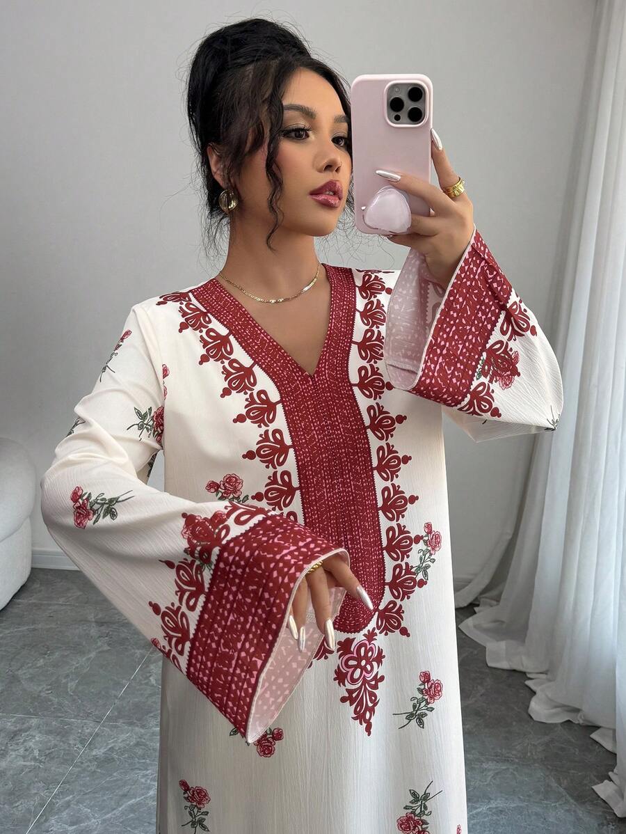 Yasmyna Women's Woven Printed Loose Long Sleeve Arabic Kaftan Dress, Arabian Dresses,Modest - Red - View 1
