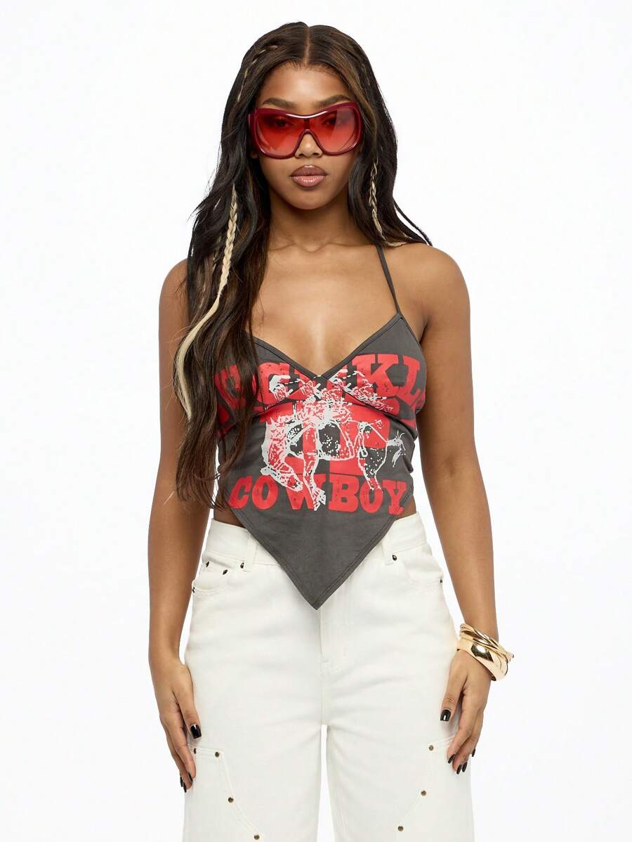 SUMWON WOMEN Cowboy Rodeo Western Graphic Handkerchief Hem Tank Top Cami Festival Concert Party Sleeveless Summer Concert Performance Club Dance - Dark Grey - View 1