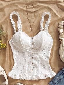 Soleia 女士节日白色针织镂空纹理开衫，配有纽扣、荷叶边肩带和下摆