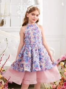 SHEIN Tween Girls' Embroidered Organza Splice Backless Bow Collar Elegant Dress
