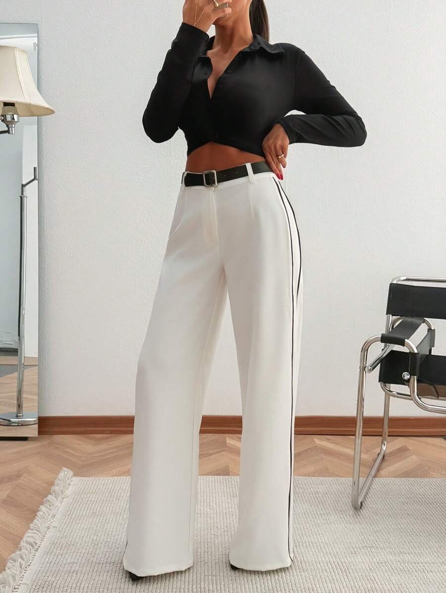 EURMUSE WOMEN CONTRAST PIPE PANTS WITH BELT Simple Fashion Daily Casual - White - View 1