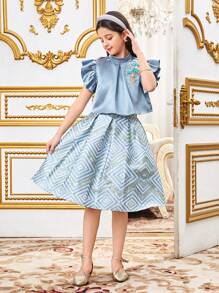 SHEIN Tween 女童优雅荷叶边袖立领 A 字形衬衫，带刺绣 3D 花朵和提花裙 2 件套