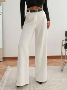 EURMUSE WOMEN CONTRAST PIPE PANTS WITH BELT Simple Fashion Daily Casual - White - View 4