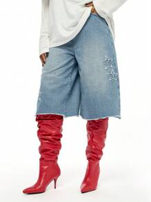 SUMWON WOMEN Denim Shorts mit Sternapplika, hoher Bund, ausgeblichen, roher Saum, Sommerfestival, Lässig, weites Bein, locker geschnitten, modischer Statement-Look, Y2K-Stil