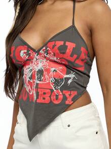 SUMWON WOMEN Cowboy Rodeo Western Graphic Handkerchief Hem Tank Top Cami Festival Concert Party Sleeveless Summer Concert Performance Club Dance - Dark Grey - View 6