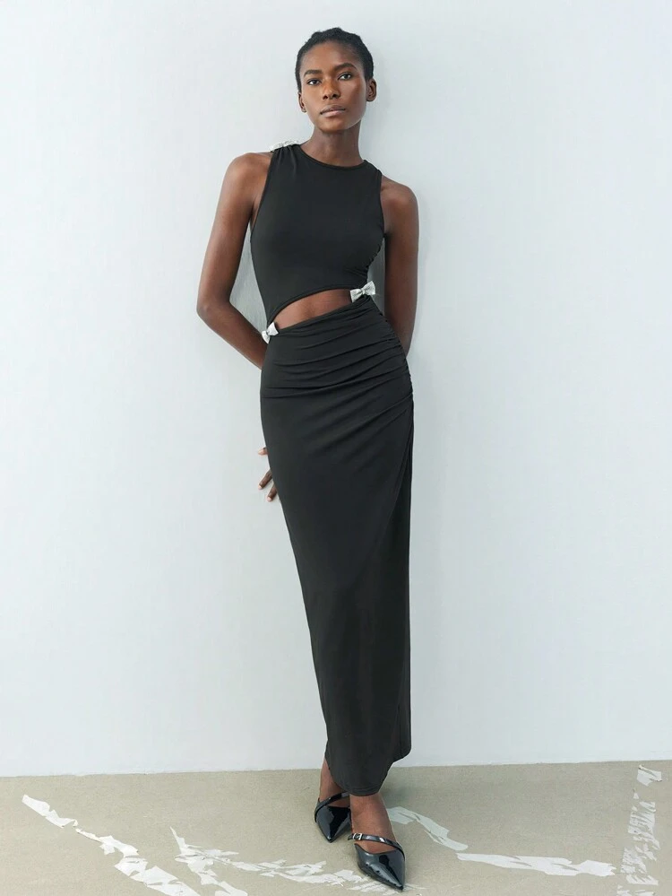 SHEIN Maija New Spring Black Urban Modern Diamond Bow Decoration Women's Mid-Length Dress Suitable For Going Out On Holiday And Holiday Parties 90s Women's Clothing Retro Old Money Music Festival Bohemian