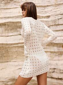 Maija Spring And Summer New Style White Hollow Knitted Elegant Urban Modern Old Money Style Women's Sweater Dress Suitable For Vacations And Outings Festival Parties Beach Casual Daily 90s Women's Clothing Retro Bohemian Old Money Style Music Festival - White - View 5