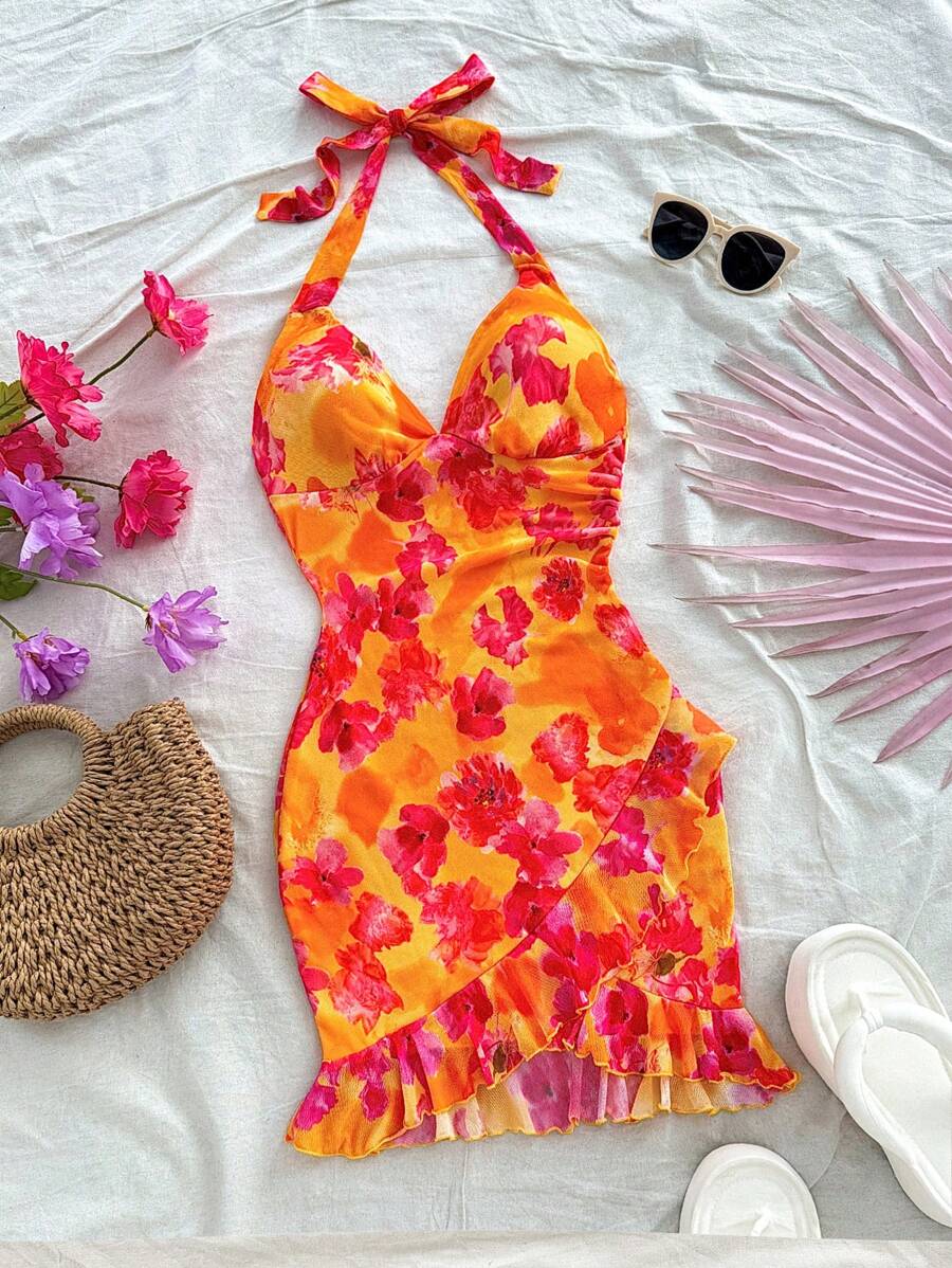 Soleia V 领女士节日迷你连衣裙，针织弹力薄纱面料，扎染花卉印花，不对称荷叶边饰边，颈部系带蝴蝶结细节，适合派对、情人节 - 彩色 - 查看 1