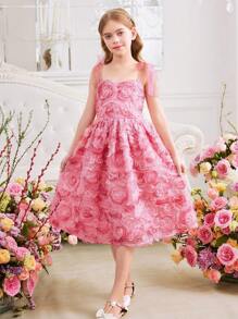 SHEIN 青少年女孩蝴蝶结装饰 3D 花卉优雅连衣裙 - 粉色 - 查看 9