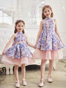 SHEIN Tween Girls' Embroidered Organza Splice Backless Bow Collar Elegant Dress