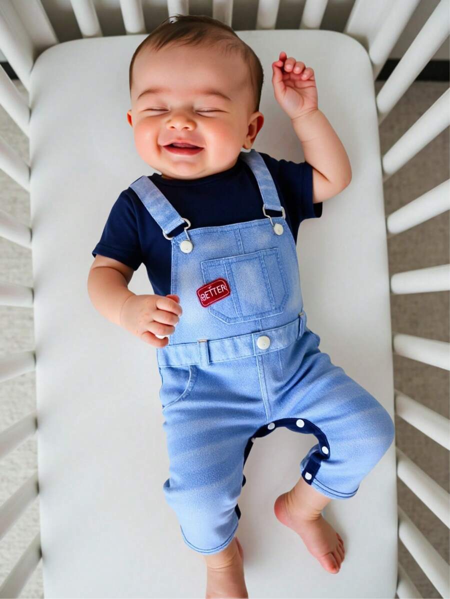 SHEIN Pelele de manga corta con cuello y pantalón corto para recién nacido niño/niña, conjunto casual y elegante para primavera/verano