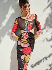 Chiquease Váy xẻ tà phía trước, tay dài lưới mỏng in họa tiết hoa gợi cảm, phong cách kỳ nghỉ lãng mạn, thời trang thanh lịch, in toàn bộ - Nhiều màu - Xem 5