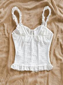 Soleia 女士节日白色针织镂空纹理开衫，配有纽扣、荷叶边肩带和下摆