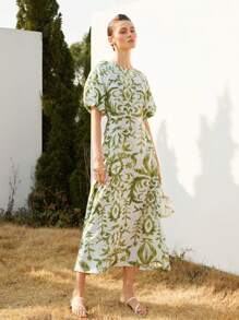 Aveloria Modichic Elegant Vacationing Style Round Neck White Base Green Bamboo Node Cable Floral Print Flared Long Dress With Waist Design For Women