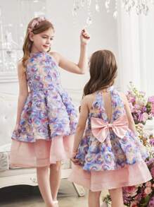 SHEIN Tween Girls' Embroidered Organza Splice Backless Bow Collar Elegant Dress