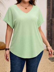 EMERY ROSE Plus Size Solid Color V-Neck Batwing Sleeve Minimalist Casual Top,Boho For Women/Summer,Vacation Outfits Woman