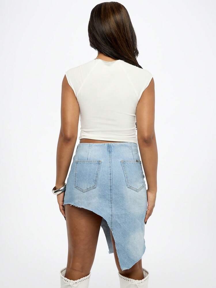SUMWON WOMEN Asymmetric Reconstructed Distressed Raw Hem Denim Mini Skirt