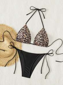 SHEIN Swim Springbreak 2025 Women's Leopard Print Sexy Halter Bikini Swimsuit Set, Random Print - Multicolor - View 5