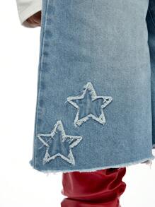 SUMWON WOMEN Denim Shorts mit Sternapplika, hoher Bund, ausgeblichen, roher Saum, Sommerfestival, Lässig, weites Bein, locker geschnitten, modischer Statement-Look, Y2K-Stil