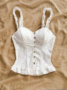 Soleia 女士节日白色针织镂空纹理开衫，配有纽扣、荷叶边肩带和下摆