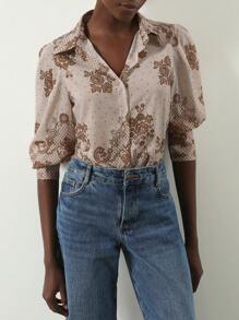 SHEIN Privé Vintage Elegant Romantic Chiffon Mixed Floral Loose Fit Lightweight Button-Down Long Sleeve Blouse For Women Fall Cloth For Women - Multicolor - View 1