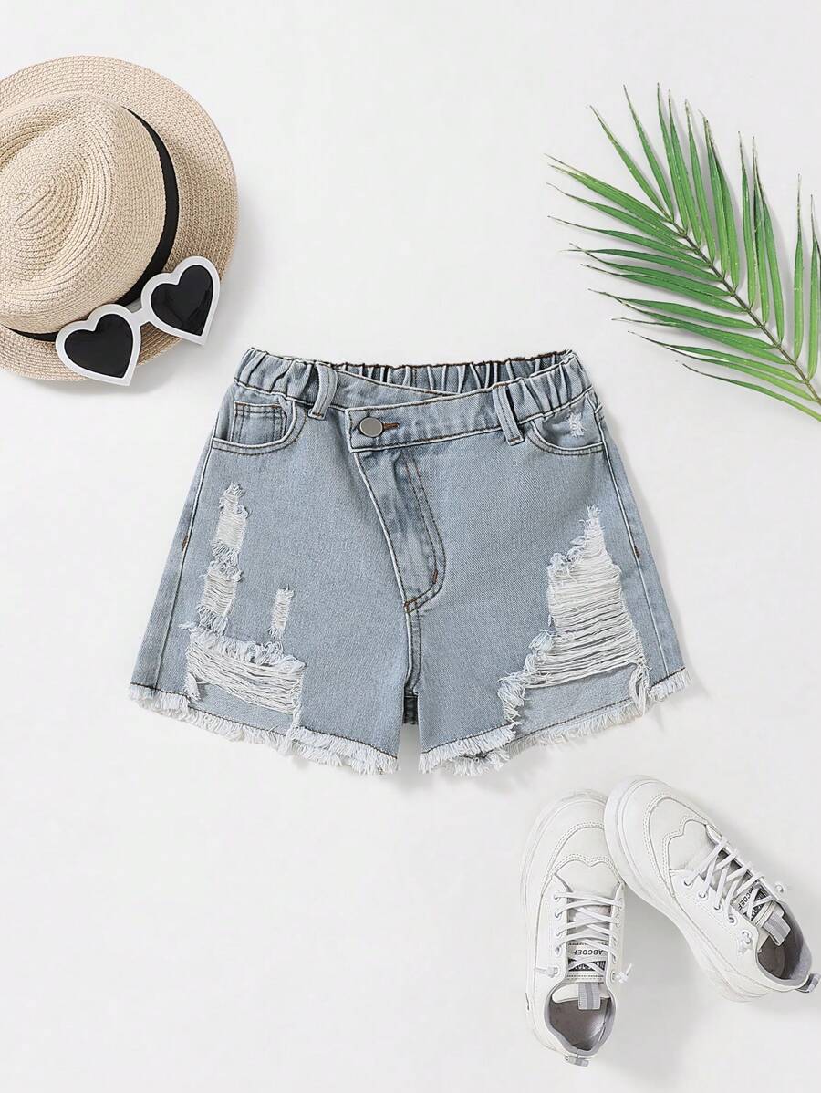 2025 Spring/Summer Girls Casual Ripped Hem Asymmetrical Waist Drawstring Wide Loose Comfortable Denim Shorts, Fashionable Street Style For Daily Wear - Medium Wash - View 1