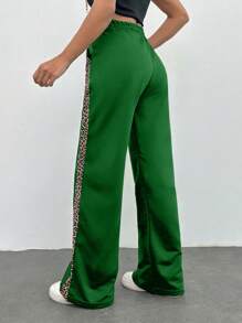 RueChic Leopard Trim Belly Detailed Long Wide Leg Black Pants - Green - View 2