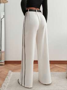 EURMUSE WOMEN CONTRAST PIPE PANTS WITH BELT Simple Fashion Daily Casual - White - View 2