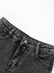 SHEIN Tween Girls Water Washed Color/Wide Leg Jeans With Frayed Hem - Black - View 6