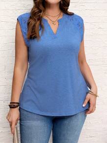 EMERY ROSE Plus Size Vacation Casual Solid Color Hollow Out Embroidered Patchwork T-Shirt,Boho For Women/Summer - Blue - View 1