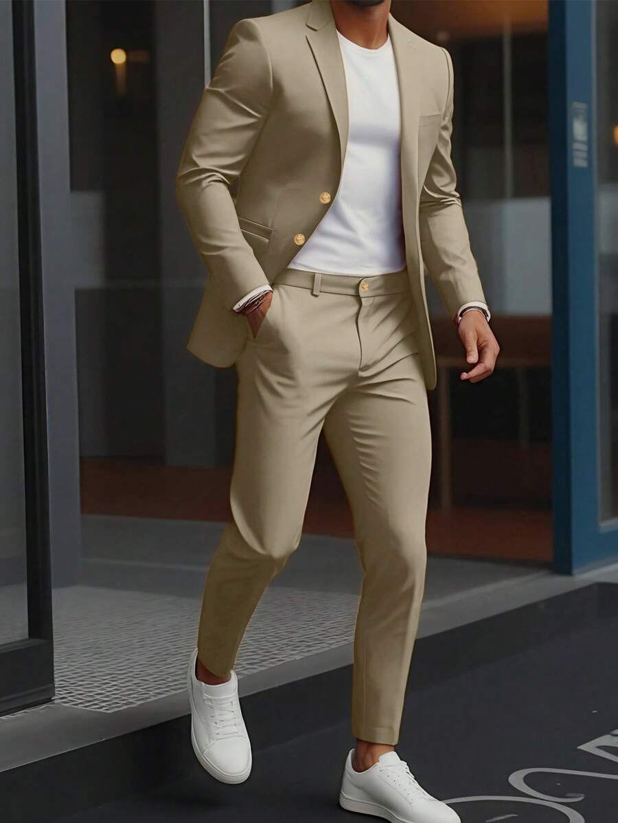 Manfinity Mode 男士前扣长袖简约衬衫和裤子西装男士休闲西装男士西装和裤子男士漂亮西装男士西装正式男士正装 - 卡其色 - 查看 1