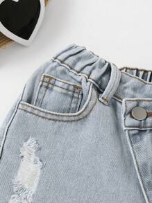 2025 Spring/Summer Girls Casual Ripped Hem Asymmetrical Waist Drawstring Wide Loose Comfortable Denim Shorts, Fashionable Street Style For Daily Wear - Medium Wash - View 4