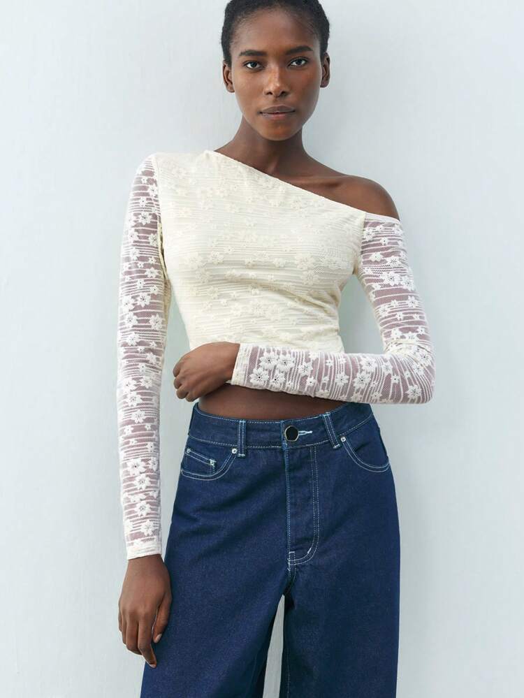 SHEIN Maija New Beige Lace Asymmetrical Neck Elegant Long Sleeve Women Top, Casual Urban Chic Holiday Party Date Wear, Spring/Summer