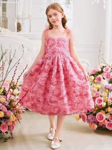 SHEIN 青少年女孩蝴蝶结装饰 3D 花卉优雅连衣裙 - 粉色 - 查看 8