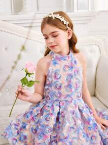SHEIN Tween Girls' Embroidered Organza Splice Backless Bow Collar Elegant Dress