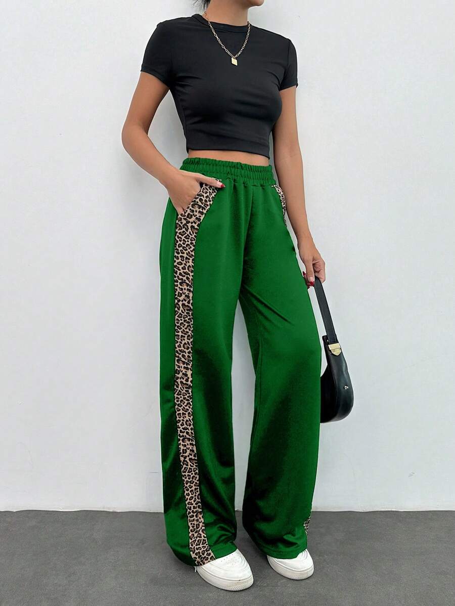 RueChic Leopard Trim Belly Detailed Long Wide Leg Black Pants - Green - View 1