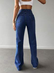 EURMUSE Solid Raw Hem Straight Leg Jeans - Medium Wash - View 2