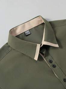 Manfinity Mode Men's Patchwork Front Button Long Sleeve Pocket Simple Casual Shirt Business, Fall - Army Green - View 5