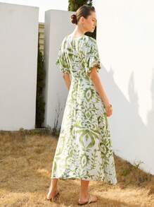 Aveloria Modichic Elegant Vacationing Style Round Neck White Base Green Bamboo Node Cable Floral Print Flared Long Dress With Waist Design For Women