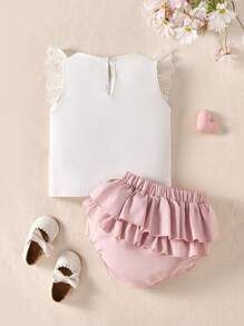 SHEIN Set de 2 piezas Conjunto de ropa de verano para niñas bebés con camisa de cuello redondo y manga corta con estampado floral + pantalones con borde de pastel - Blanco - Ver 2