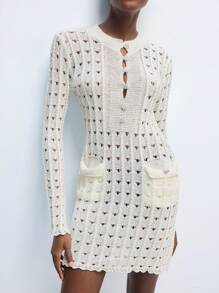 Maija Spring And Summer New Style White Hollow Knitted Elegant Urban Modern Old Money Style Women's Sweater Dress Suitable For Vacations And Outings Festival Parties Beach Casual Daily 90s Women's Clothing Retro Bohemian Old Money Style Music Festival - White - View 12