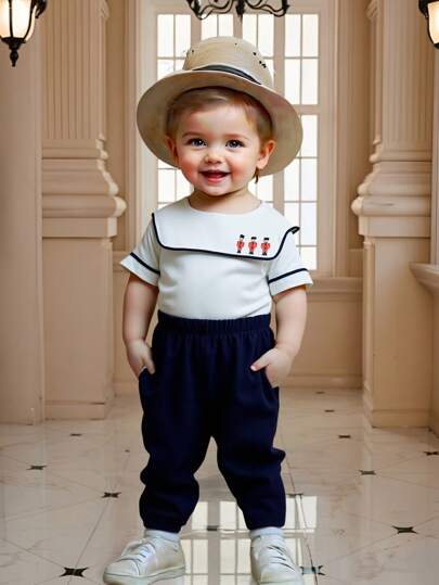 SHEIN 2 件套可爱夏季男童/女童学院风格白色卡通印花水手领短袖衬衫和松紧腰休闲裤套装，适合生日派对、晚会、表演、婚礼、婴儿洗礼、 1 岁生日