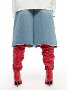 SUMWON WOMEN Denim Shorts mit Sternapplika, hoher Bund, ausgeblichen, roher Saum, Sommerfestival, Lässig, weites Bein, locker geschnitten, modischer Statement-Look, Y2K-Stil